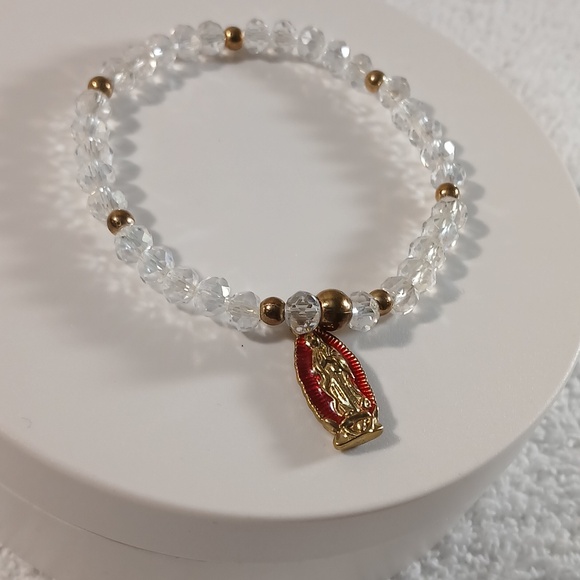 Clear Crystal Bead Stretch Bracelet with Gold and Red Charm - Picture 3 of 4